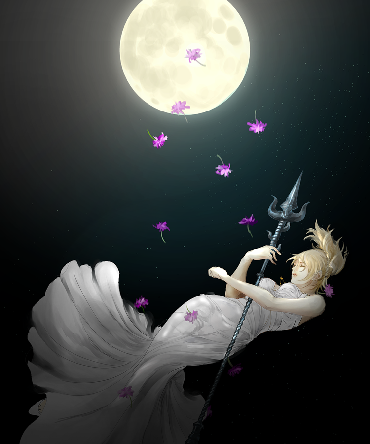 1girl, blonde_hair, dress, falling, final_fantasy, final_fantasy_xv, flower, full_moon