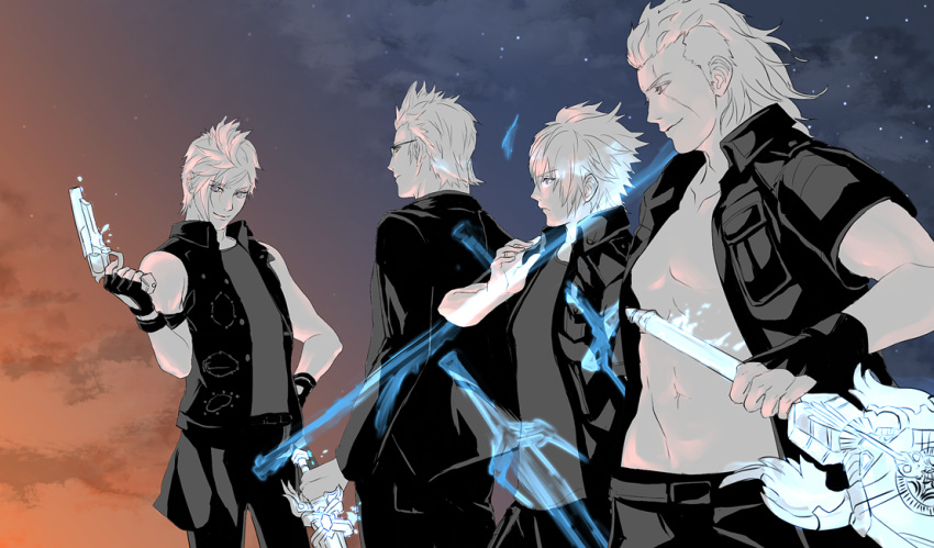 4boys, black_clothes, final_fantasy, final_fantasy_xv, floating_swords, gladiolus_amicitia, gun, ignis_scientia