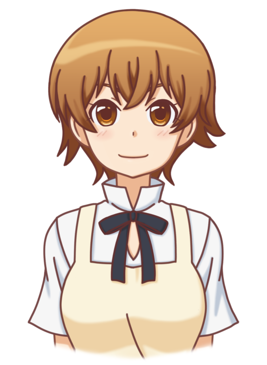 1girl, arms_at_sides, brown_eyes, brown_hair, looking_at_viewer, miyakoshi_hana, mugen_ouka, shirt