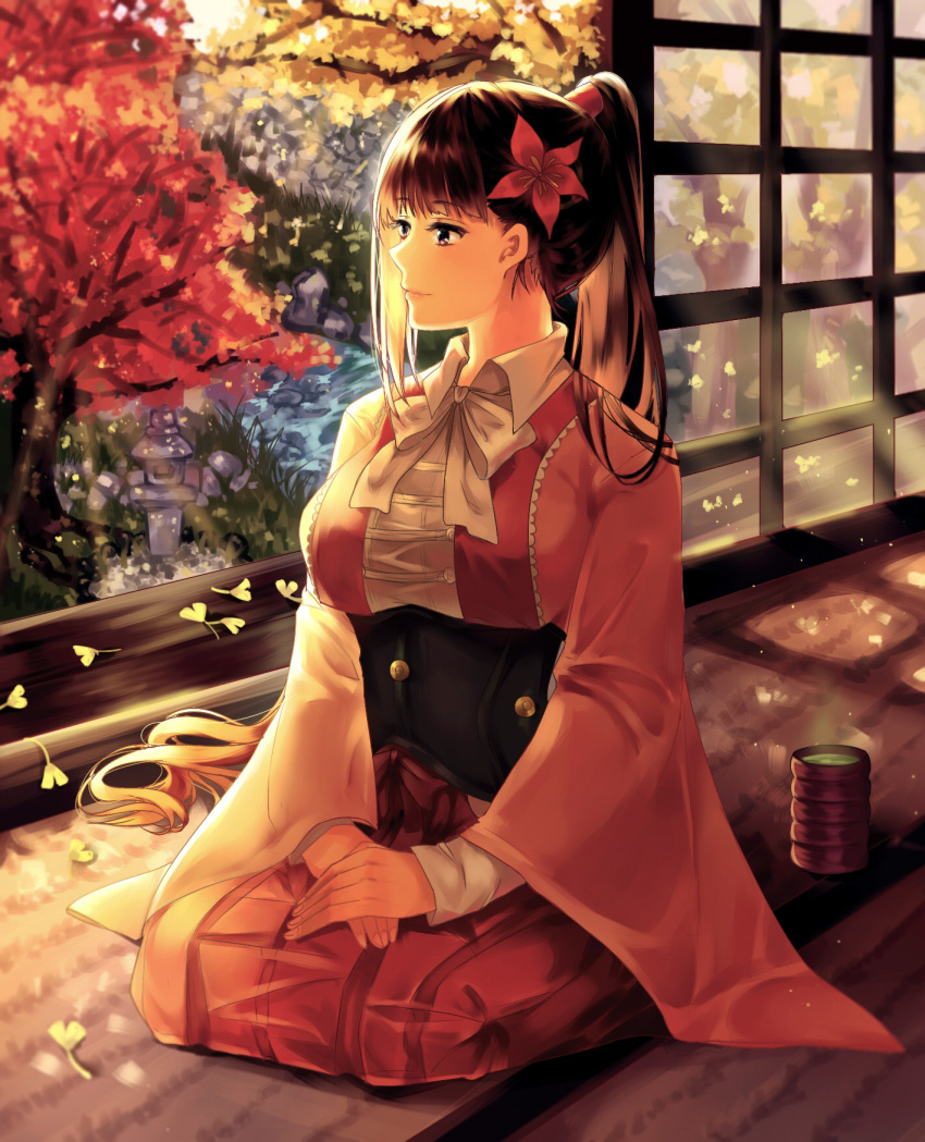 1girl, alti_meizi, autumn_leaves, breasts, brown_eyes, brown_hair, cup, full_body