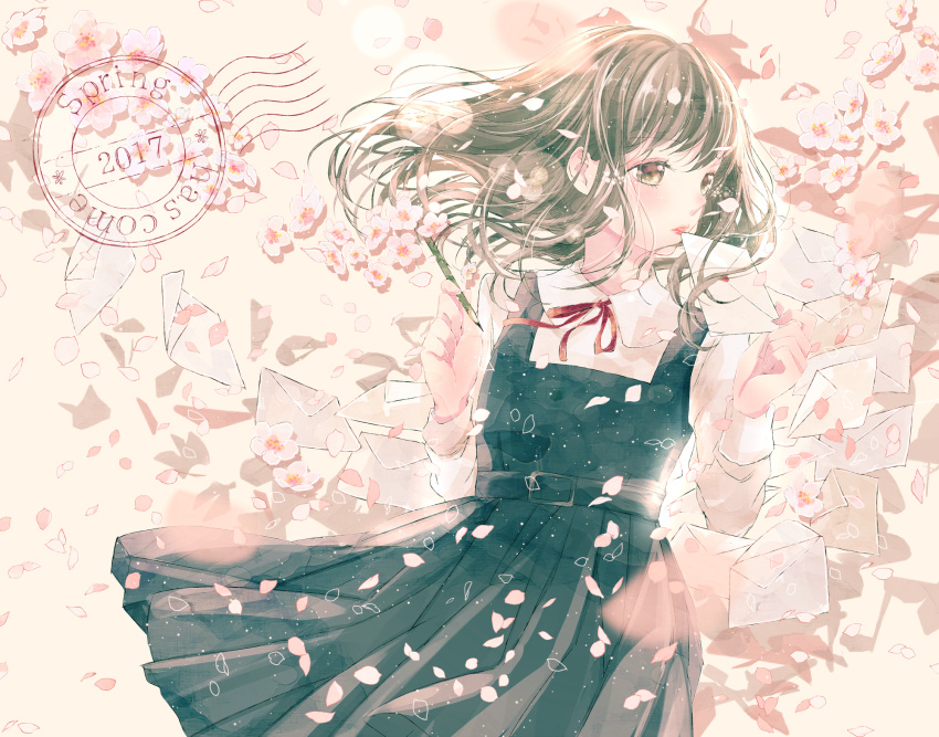 1girl, 2017, brown_eyes, brown_hair, cherry_blossoms, commentary, dress, english