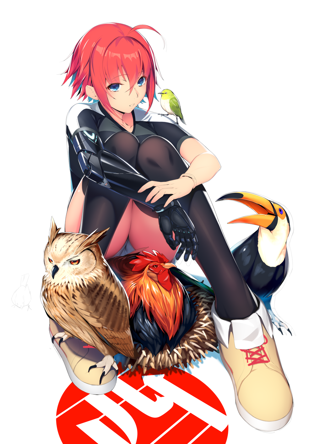 1girl, ahoge, animal, animal_on_shoulder, bangs, bird, bird_on_shoulder, black_legwear, blue_eyes, chicken, eyebrows_visible_through_hair, hair_between_eyes, highres, hiwatari_makoto, knees_together_feet_apart, looking_at_viewer, mechanical_arm, original, owl, panties, pantyshot, pantyshot_(sitting), parted_lips, redhead, rooster, shoes, shoken_narai, short_hair_with_long_locks, sidelocks, simple_background, sitting, sneakers, solo, thigh-highs, thighs, toucan, underwear, white_background, white_panties, year_of_the_rooster