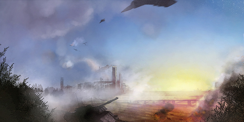 aerial_battle, aircraft, airplane, battle, building, bush, city, dogfight