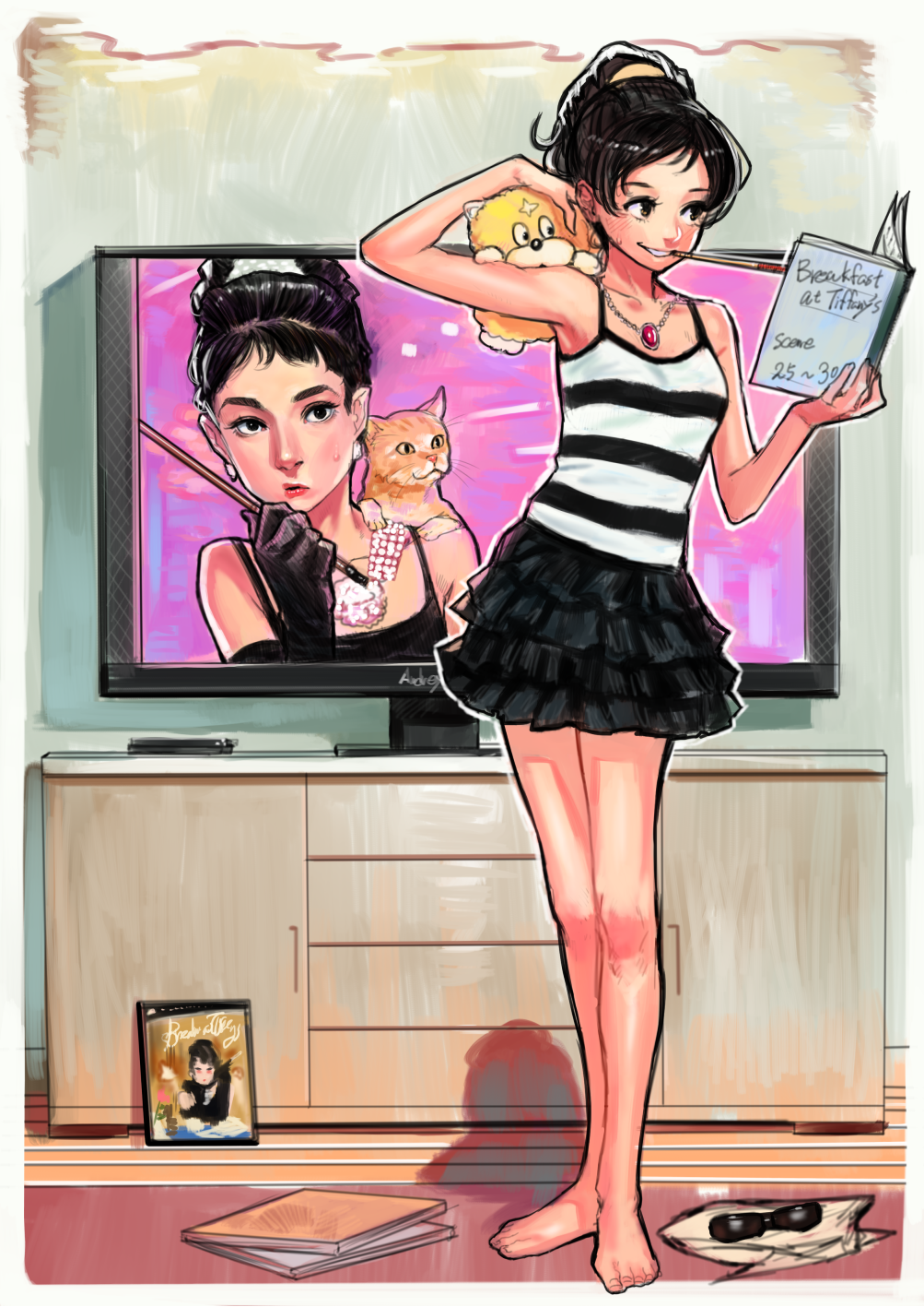 2girls, alternate_hairstyle, audrey_hepburn, bare_legs, barefoot, black_hair, breakfast_at_tiffany's, brown_eyes