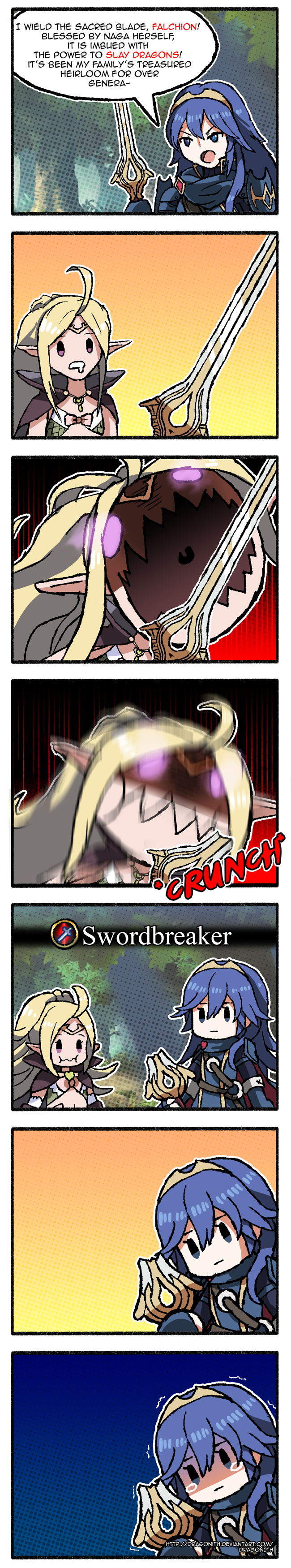2girls, 7koma, absurdres, ahoge, blue_eyes, blue_hair, bow, broken, broken_weapon, cape, circlet, crying, crying_with_eyes_open, dragonith, drooling, eating, english, falchion_(fire_emblem), fingerless_gloves, fire_emblem, fire_emblem:_kakusei, fire_emblem_heroes, gloves, green_hair, highres, holding, holding_weapon, long_hair, long_image, lucina, multiple_girls, nowi_(fire_emblem), open_mouth, pointy_ears, saliva, sharp_teeth, speech_bubble, sword, tall_image, tears, teeth, tiara, violet_eyes, weapon
