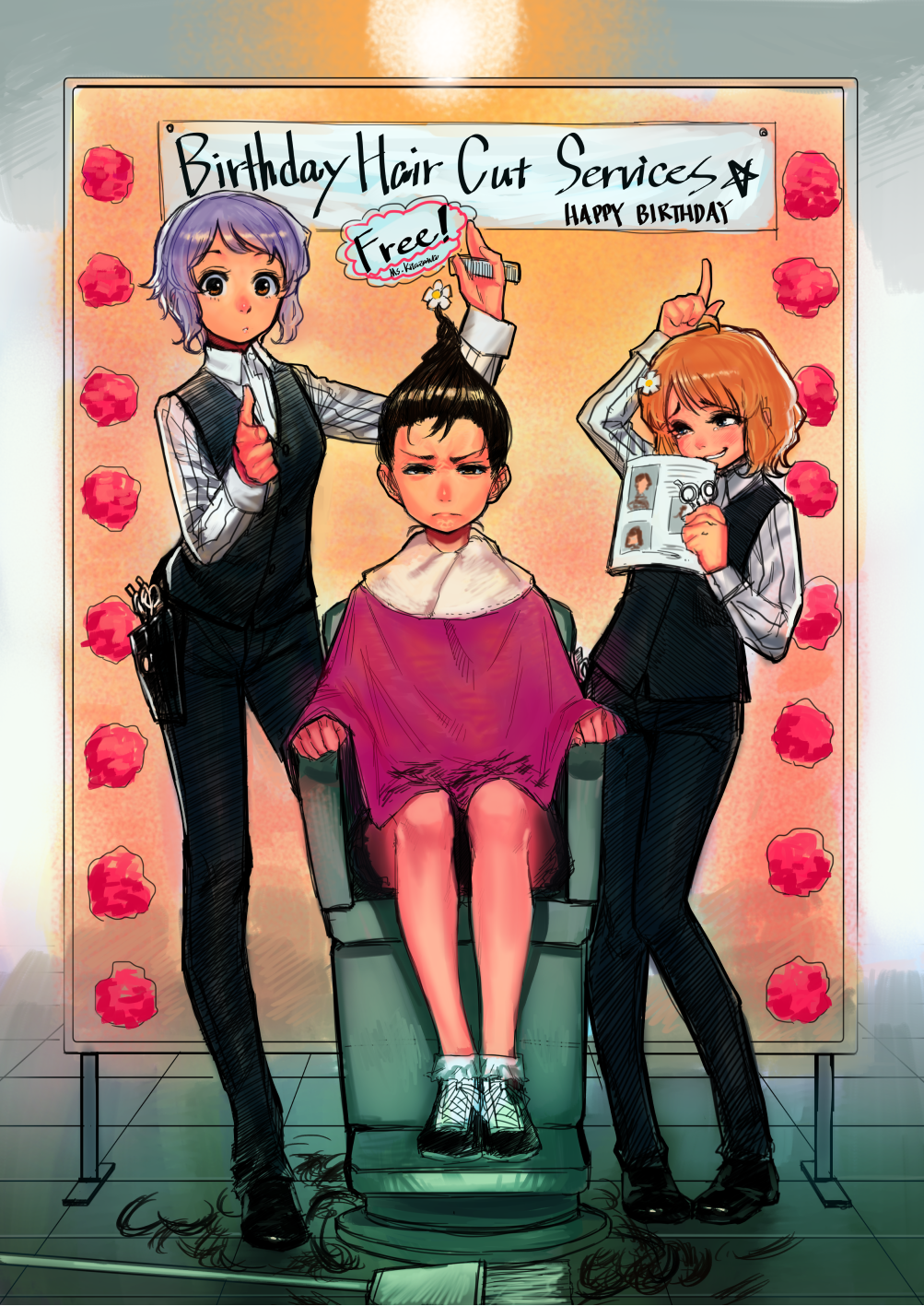 3girls, alternate_hairstyle, barber, barber_chair, blue_eyes, brown_hair, bukimi_isan, comb