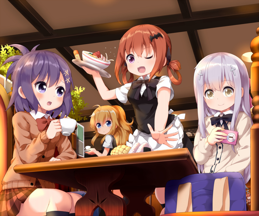 >:/, 4girls, ;d, ahoge, alternate_hairstyle, apron, bag, bat_hair_ornament