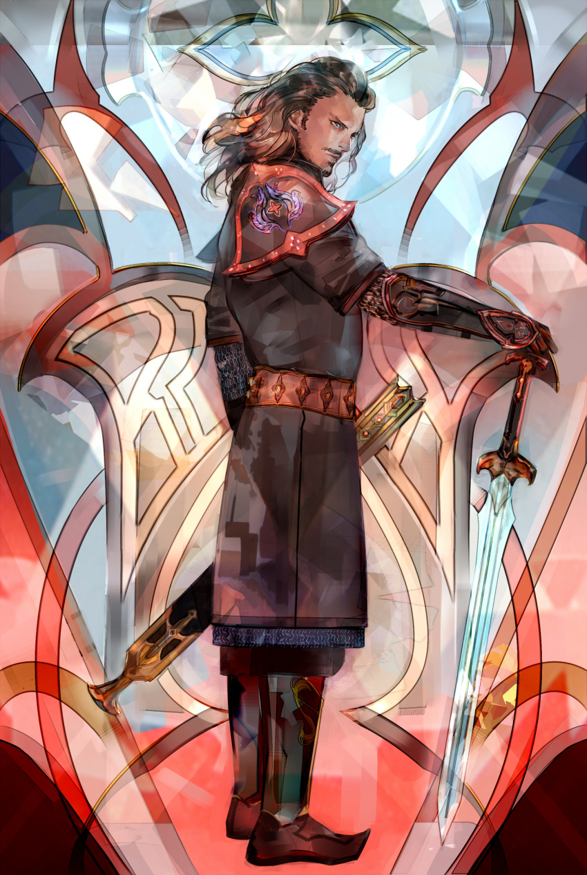 1boy, armor, bard_(the_hobbit), beard, black_hair, blue_eyes, boots, facial_hair, gloves, highres, long_hair, male_focus, mustache, saiga_tokihito, solo, sword, the_hobbit, weapon