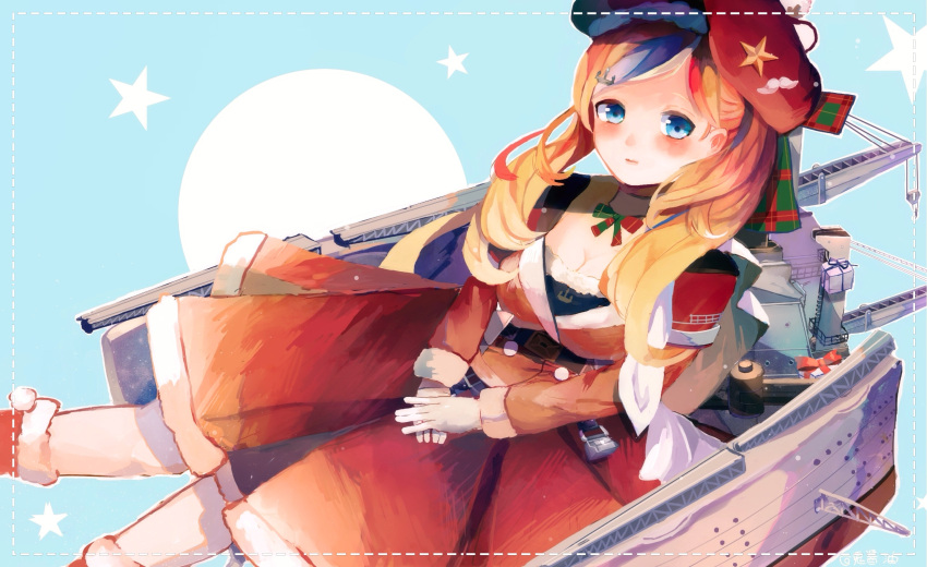 1girl, beret, blonde_hair, blue_eyes, blue_hair, commandant_teste_(kantai_collection), dress, hat, highres, kantai_collection, long_hair, machinery, multicolored_hair, red_dress, red_hat, redhead, sitting, solo, streaked_hair, syouyugoblin, white_hair