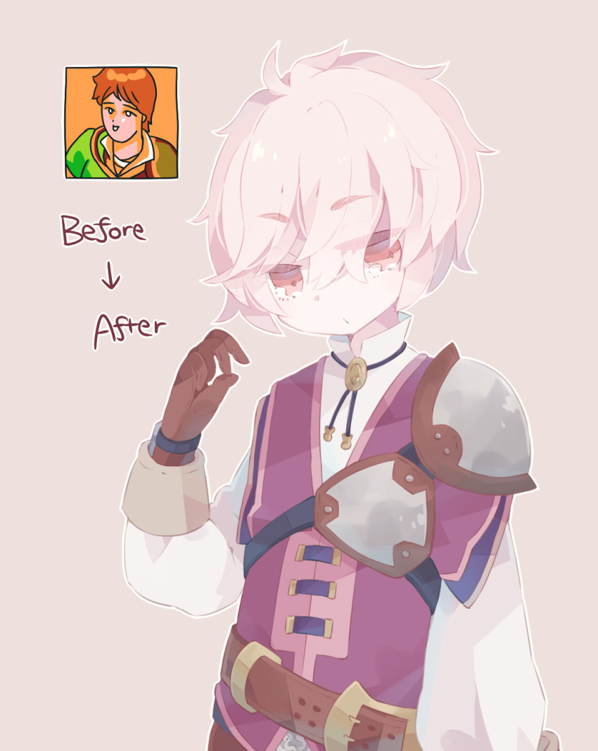 1boy, before_and_after, beige_background, belt, fire_emblem, fire_emblem_echoes:_mou_hitori_no_eiyuuou, fire_emblem_gaiden, gloves, highres, kliff_(fire_emblem), male_focus, nozomu_(dherbray-anc), orange_hair, red_eyes, simple_background, solo, teeth, upper_body, white_hair