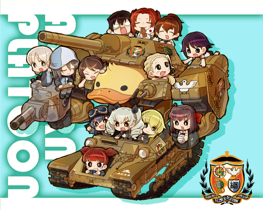 6+girls, aki_(girls_und_panzer), alternate_vehicle, anchovy, ankle_boots, anzio_(emblem), bangs, bird, black_hair, black_neckerchief, black_ribbon, black_shirt, blonde_hair, blouse, blue_boots, blue_hat, blue_jacket, blue_skirt, boots, brown_hair, bt-42, carpaccio, carro_veloce_cv-33, chaki_(teasets), chibi, closed_eyes, closed_mouth, commentary_request, drill_hair, duck, emblem, english, fan, folding_fan, girls_und_panzer, goggles, goggles_on_headwear, green_hair, grey_jacket, grin, ground_vehicle, gym_shirt, hair_ribbon, hairband, hat, helmet, highres, holding, holding_instrument, instrument, isobe_noriko, jacket, jagdpanzer_38(t), japan_(hetalia), japanese_crested_ibis_(kemono_friends), japanese_flag, japanese_text, kadotani_anzu, kantele, kawanishi_shinobu, kawashima_momo, keizoku_(emblem), kondou_taeko, koyama_yuzu, light_brown_hair, light_smile, long_hair, long_sleeves, looking_at_another, looking_back, mecha, mika_(girls_und_panzer), mikko_(girls_und_panzer), military, military_uniform, military_vehicle, monkey_ears, monkey_girl, monocle, motor_vehicle, multiple_girls, neckerchief, no_pupils, ooarai_school_uniform, open_mouth, oversized_object, pepperoni_(girls_und_panzer), potato, raglan_sleeves, redhead, ribbon, romaji, rubber_duck, sasaki_akebi, school_uniform, serafuku, shirt, short_hair, short_ponytail, short_twintails, shouting, sitting, skirt, sleeveless, sleeveless_shirt, smile, sportswear, sweatdrop, tank, track_jacket, turtle, twin_drills, twintails, type_89_i-gou, uniform, volleyball, volleyball_uniform, white_blouse, white_hairband