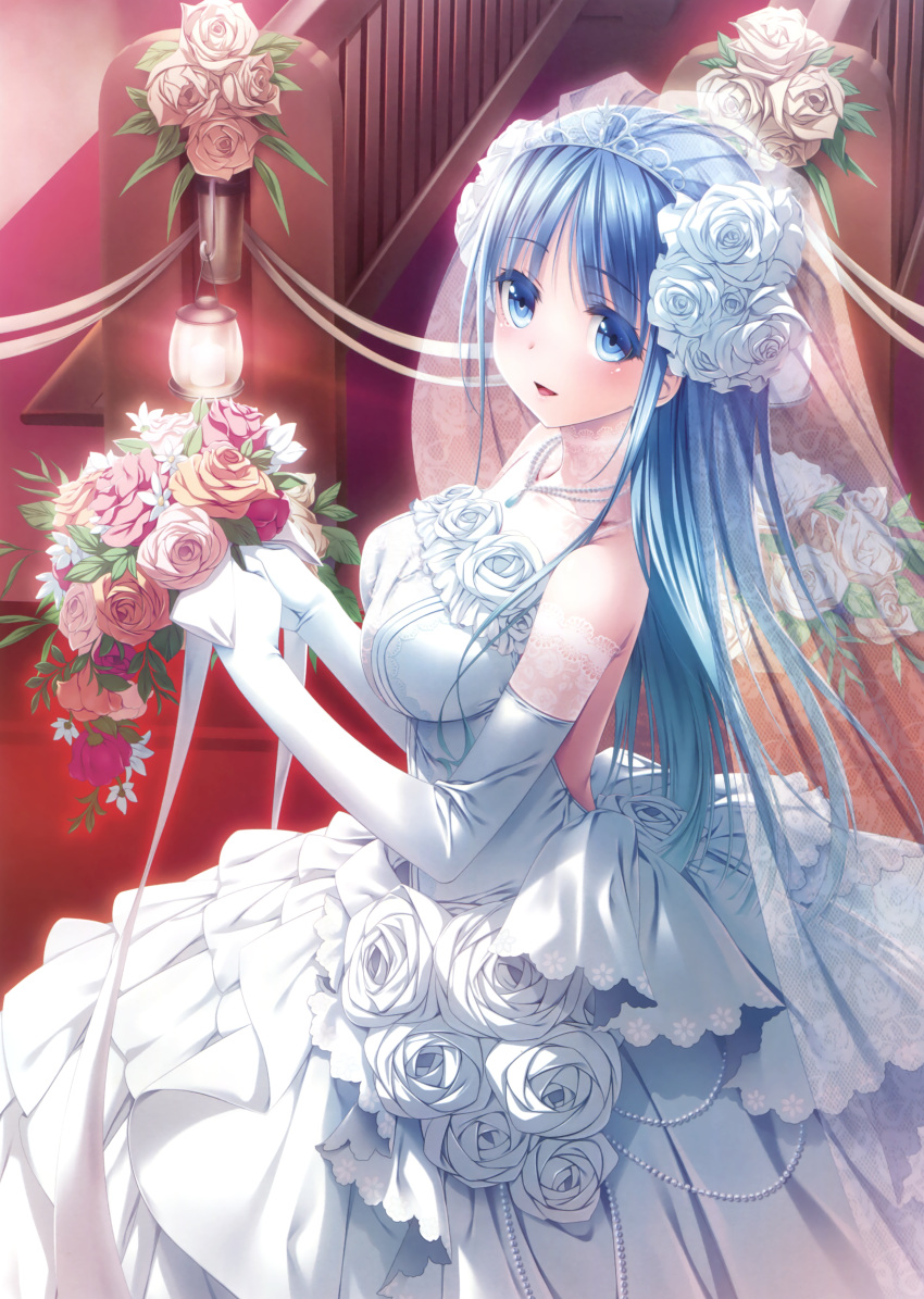 1girl, :d, absurdres, blue_eyes, blue_hair, blush, bouquet, bridal_veil