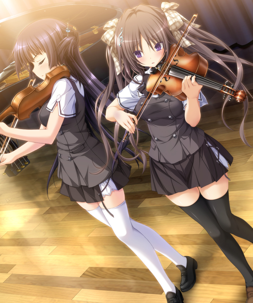 2girls, andou_misaki, black_hair, black_legwear, black_skirt, brown_ribbon, chrono_clock, closed_eyes