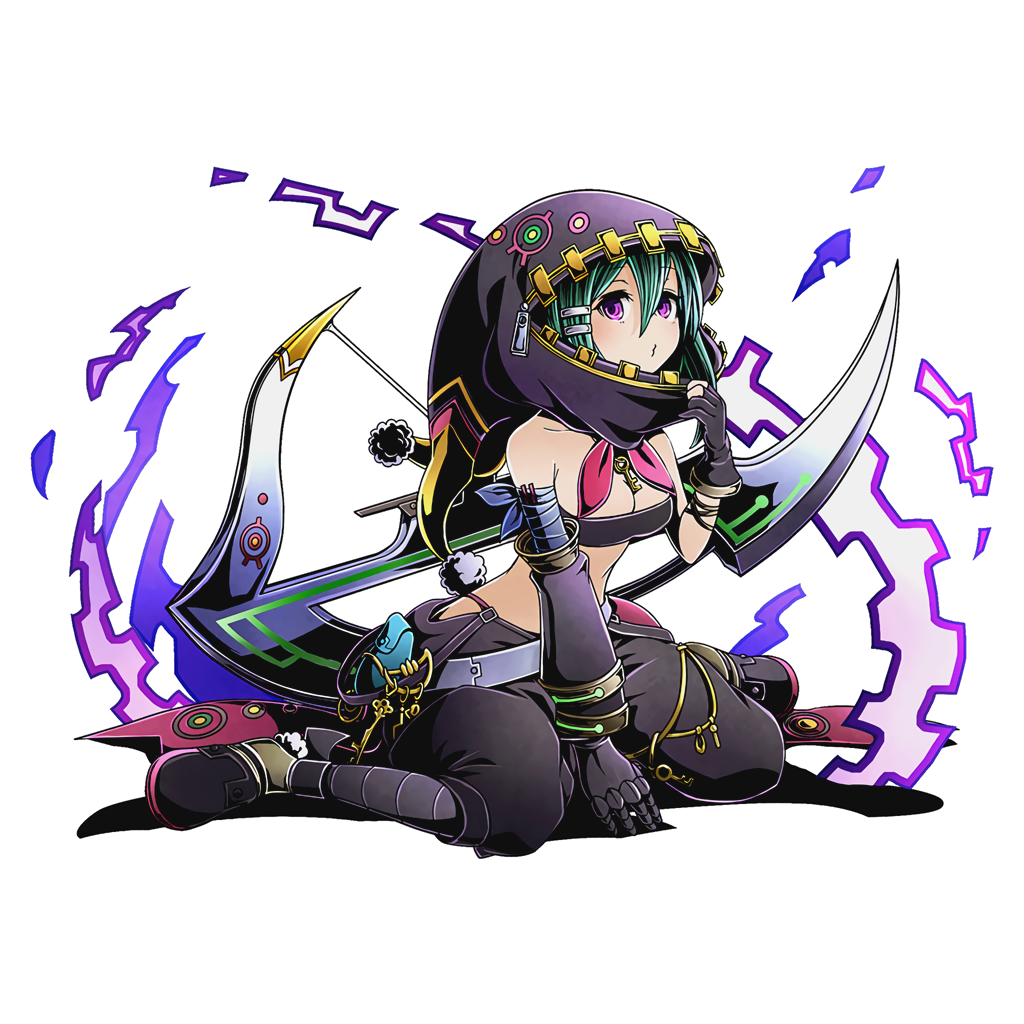 1girl, aqua_hair, bare_shoulders, black_pants, breasts, cleavage, collarbone, divine_gate, full_body, gauntlets, hair_between_eyes, hair_ornament, hairclip, hood, karma_(road_to_dragons), medium_breasts, official_art, pants, road_to_dragons, shadow, short_hair, solo, transparent_background, ucmm, violet_eyes, weapon