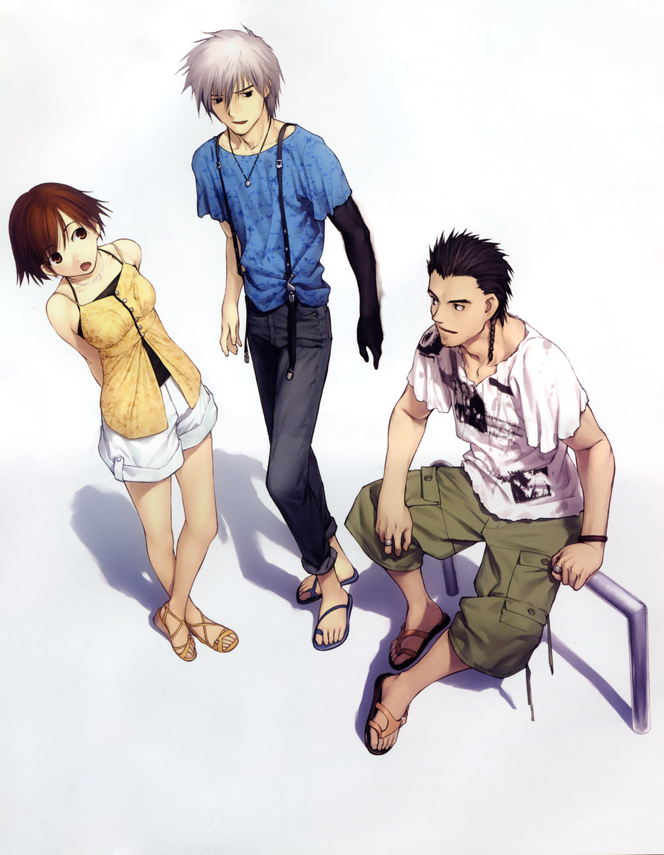 1girl, 2boys, arms_behind_back, black_hair, black_shirt, braid, breasts, brown_hair