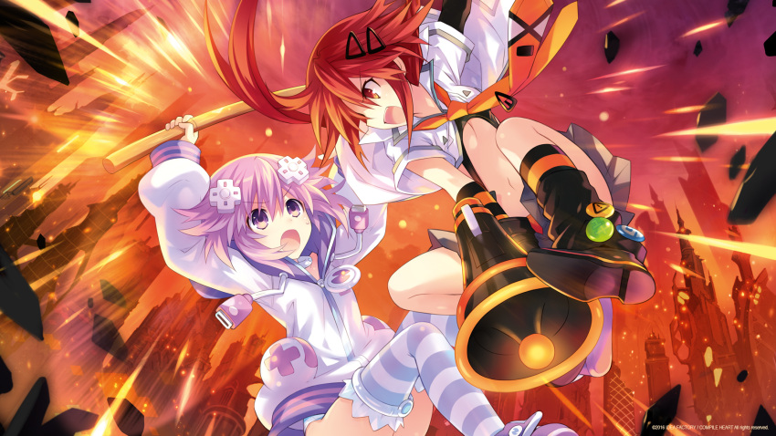 2016, 2girls, arm_up, black_boots, boots, brown_skirt, choujigen_game_neptune, eye_contact, gloves, highres, holding, long_hair, looking_at_another, midriff, multiple_girls, navel, neptune_(choujigen_game_neptune), neptune_(series), open_mouth, panties, panty_peek, pink_hair, pleated_skirt, red_eyes, redhead, shorth_air, skirt, stomach, striped, striped_gloves, striped_legwear, sweatdrop, sweater, tennouboshi_uzume, thigh-highs, tsunako, underwear, violet_eyes, white_panties, white_sweater