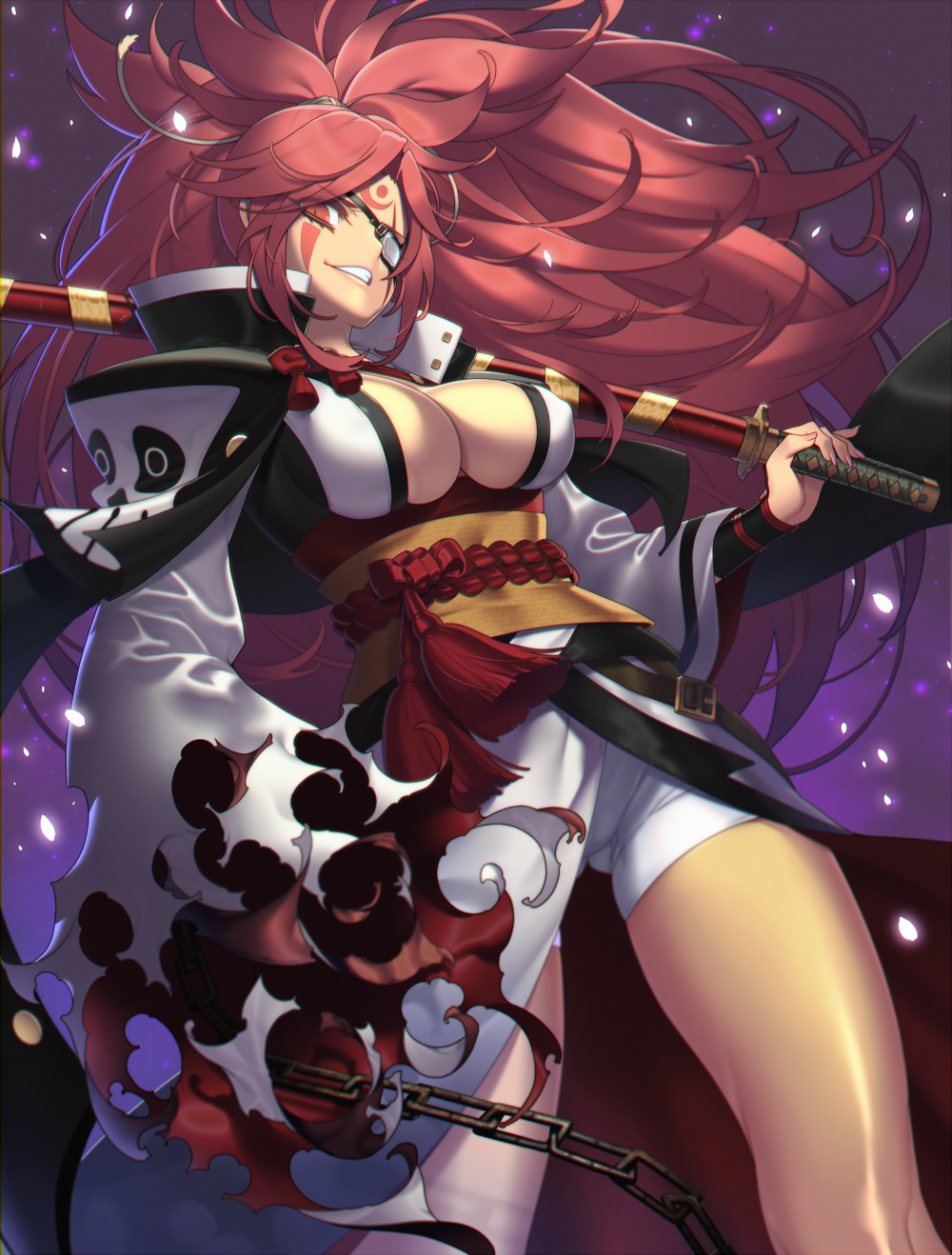 1girl, amputee, baiken, breasts, cleavage, guilty_gear, guilty_gear_xrd, highres