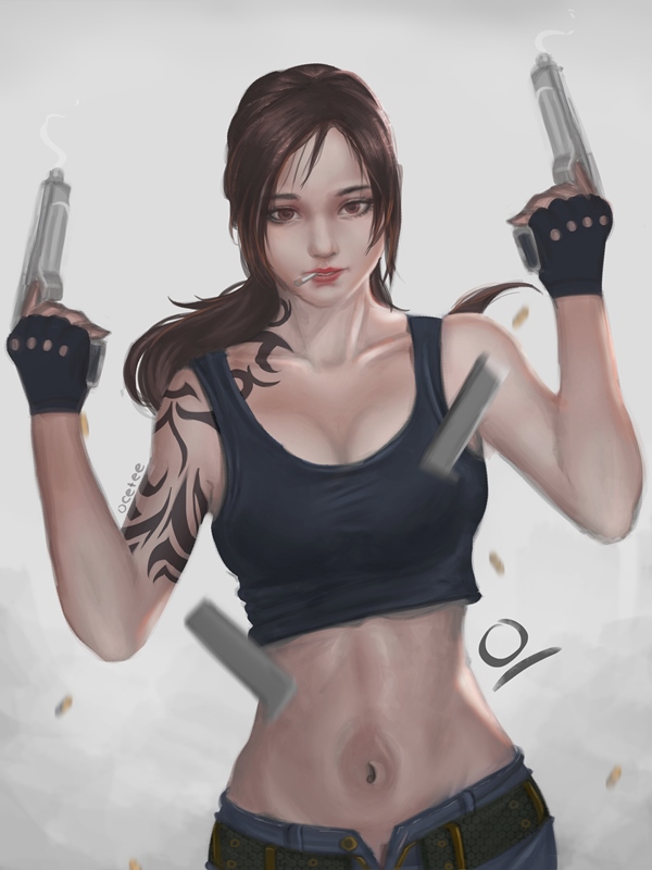 1girl, arm_tattoo, artist_name, bare_shoulders, belt, black_lagoon, breasts, brown_eyes, brown_hair, bullet, cigarette, crop_top, denim, gun, large_breasts, magazine_(weapon), midriff, mouth_hold, ocetee, ponytail, revy_(black_lagoon), shorts, smoke, solo, stomach, tank_top, tattoo, unzipped, weapon