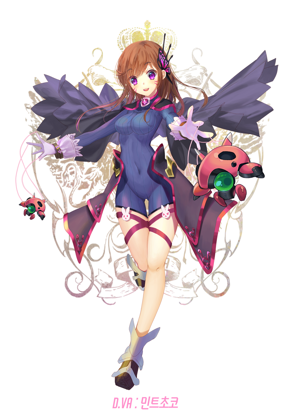 1girl, adapted_costume, alternate_eye_color, ankle_boots, armor, armored_boots, artist_name, blue_unitard