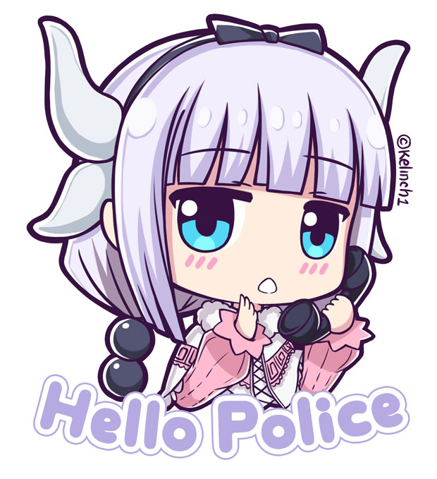 1girl, :o, beads, blue_eyes, blush, calling, capelet, dragon_girl, dragon_horns, dress, english, face, hair_beads, hair_ornament, hairband, half-closed_eyes, horns, kanna_kamui, kelinch1, kobayashi-san_chi_no_maidragon, lavender_hair, low_twintails, open_mouth, phone, ribbon, solo, text, twintails, upper_body