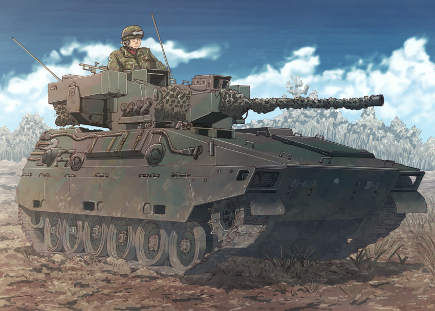 1boy, armored_personnel_carrier, armored_vehicle, clouds, earasensha, grass, ground_vehicle, japan_ground_self-defense_force