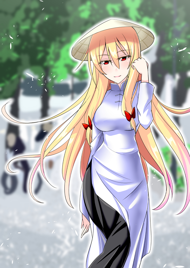 1girl, alternate_costume, alternate_eye_color, arm_behind_back, aura, bangs, blonde_hair, blurry