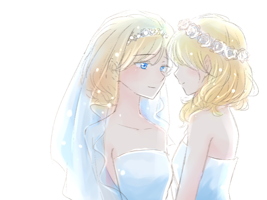 2girls, alice_margatroid, blonde_hair, blue_eyes, blurry, blush, bridal_veil, couple