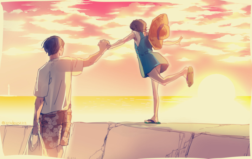 1boy, 1girl, admiral_(kantai_collection), bag, casual, chin_strap, clouds, deco_(geigeki_honey)