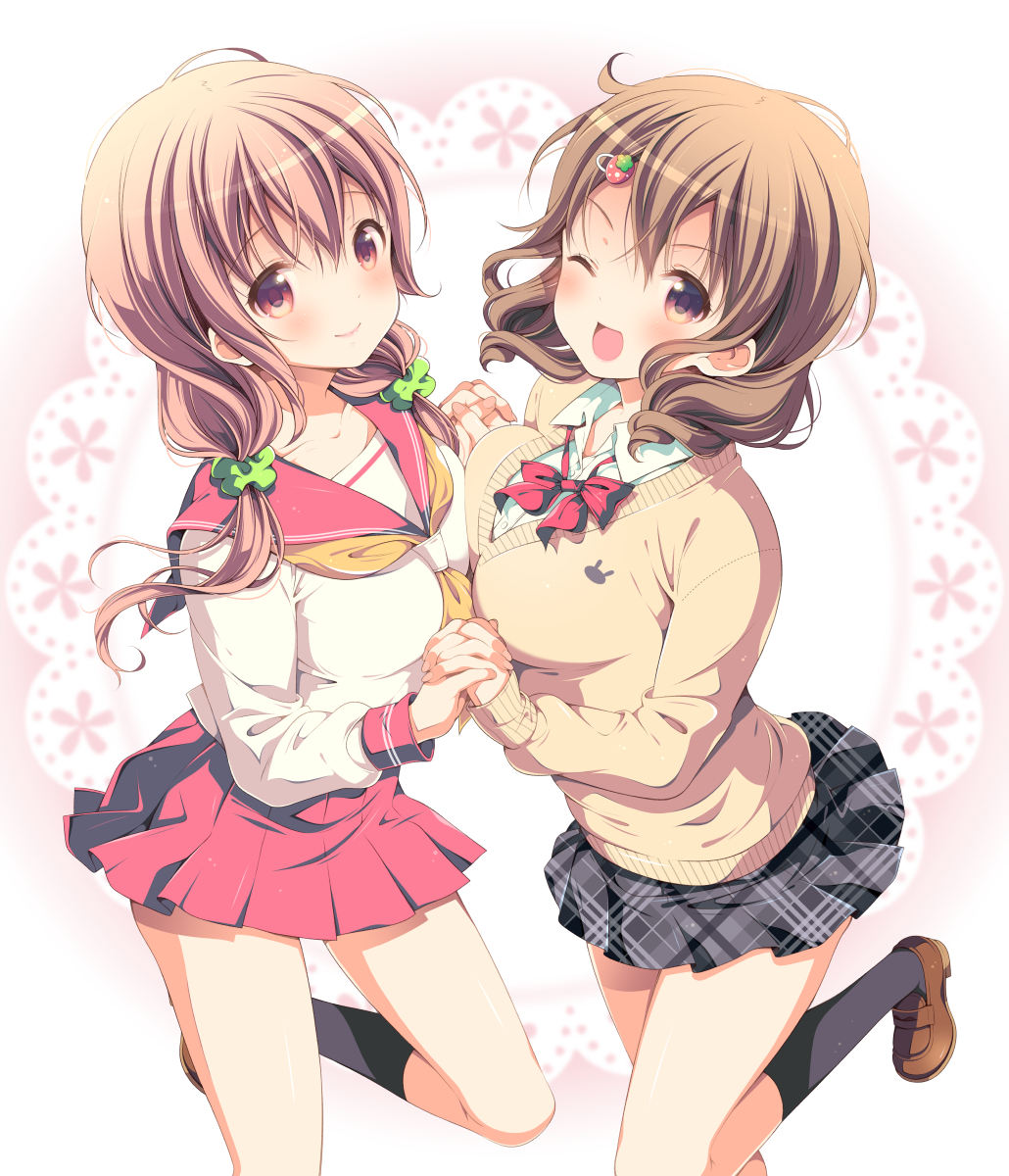 2girls, ;d, bangs, black_legwear, blush, bow, breast_press, breasts