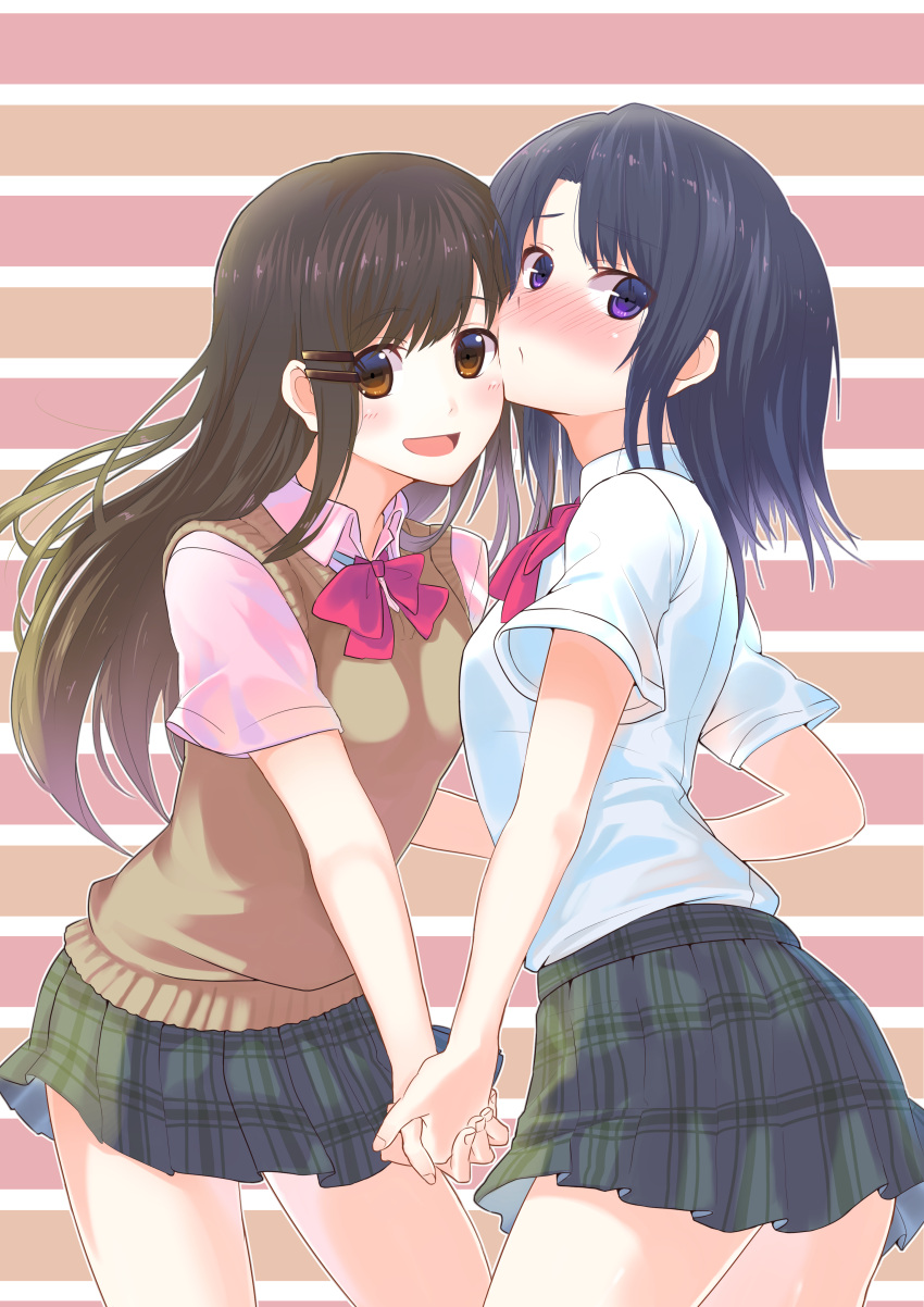2girls, absurdres, adachi_(adachi_to_shimamura), adachi_to_shimamura, blush, enpera, hand_holding, highres, long_hair, multiple_girls, scarf, school_uniform, shimamura_(adachi_to_shimamura), short_hair, smile