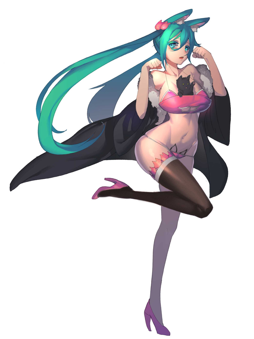 1girl, absurdres, animal_between_breasts, animal_ears, black_legwear, bra, cacaco, cat