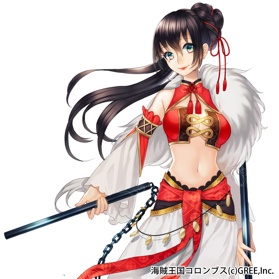1girl, arm_garter, bangs, bare_shoulders, black_hair, breasts, cape, chains