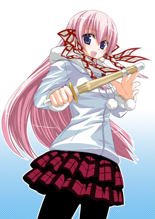 kanzaki_karuna, kendo, long_hair, pantyhose, pink_hair, shinai, shinakoi, skirt