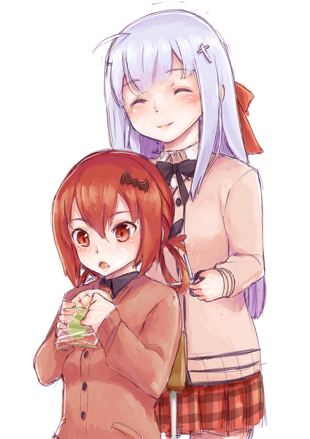 2girls, ^_^, ahoge, black_bow, black_bowtie, black_ribbon, black_shirt, blue_hair