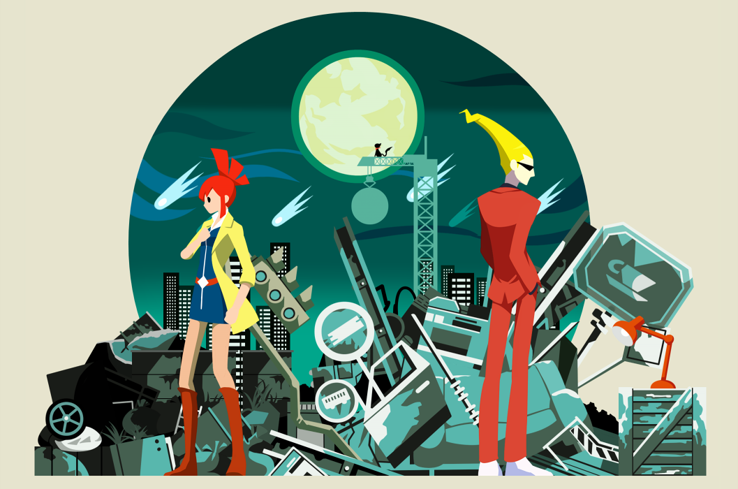 1boy, 1girl, akira_kira, blonde_hair, boots, brown_boots, building, cat_(ghost_trick), crane, crate, formal, full_moon, ghost_trick, hands_in_pockets, jacket, junkyard, long_hair, looking_to_the_side, lynne, meteor, moon, night, outdoors, pants, ray_(ghost_trick), red_pants, red_suit, redhead, road_sign, shoes, sign, sissel, skyscraper, standing, suit, sunglasses, tire, traffic_light, white_shoes, wrecking_ball, yellow_jacket
