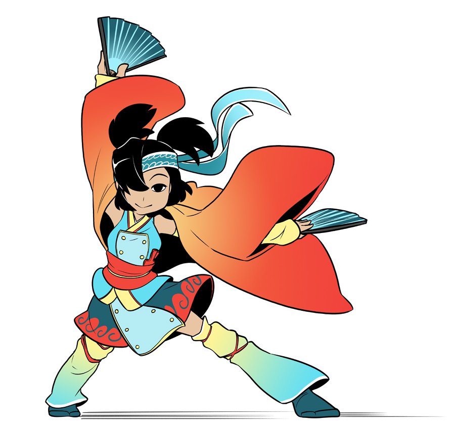 1girl, asian, black_eyes, black_hair, detached_leggings, fan, folding_fan, full_body