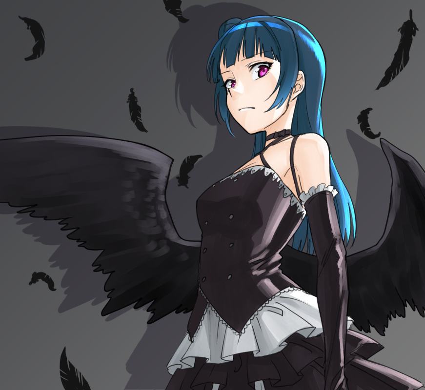 1girl, bangs, black_background, black_feathers, black_wings, blue_hair, choker, dress