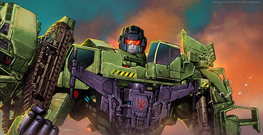 bird, caterpillar_tracks, clenched_hand, clouds, cropped_legs, damaged, decepticon, devastator_(transformers)