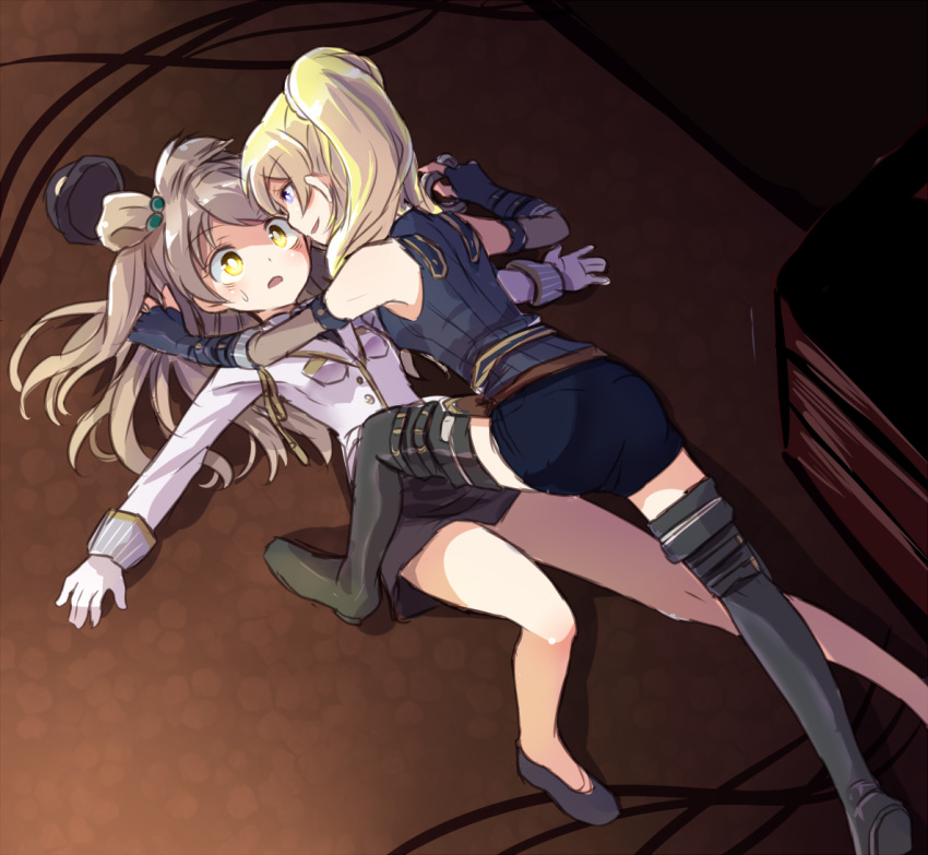 2girls, ayase_eli, blonde_hair, blue_eyes, brown_eyes, brown_hair, cat_burglar, commentary_request, hat, long_hair, love_live!, love_live!_school_idol_festival, love_live!_school_idol_project, minami_kotori, multiple_girls, open_mouth, phantom_thief_erichika, police, police_uniform, policewoman, ponytail, shikei_(jigglypuff), skirt, smile, thigh-highs, uniform, you_gonna_get_raped, yuri
