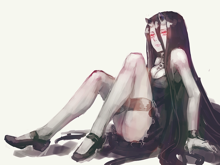 1girl, arm_support, battleship_hime, black_dress, black_hair, black_shoes, bracelet, breasts