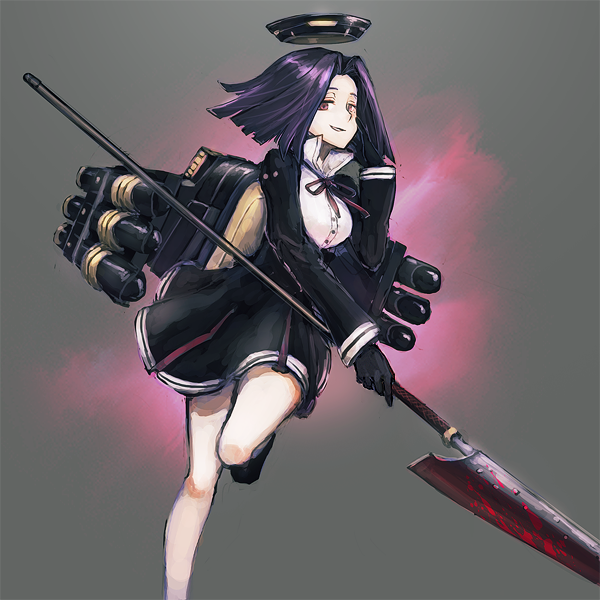 1girl, black_gloves, blood, bloody_weapon, commentary_request, glaive, gloves, grey_background