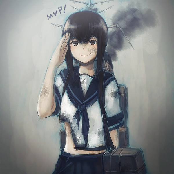 1girl, brown_eyes, brown_hair, burnt_clothes, damaged, fubuki_(kantai_collection), grey_background, ichi_inaru
