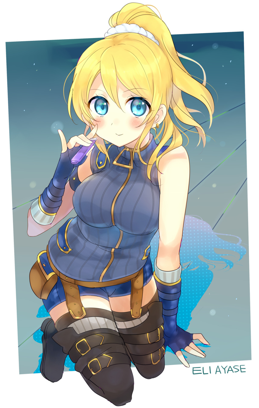 1girl, \||/, ayase_eli, belt_pouch, black_legwear, blonde_hair, blue_eyes, blush