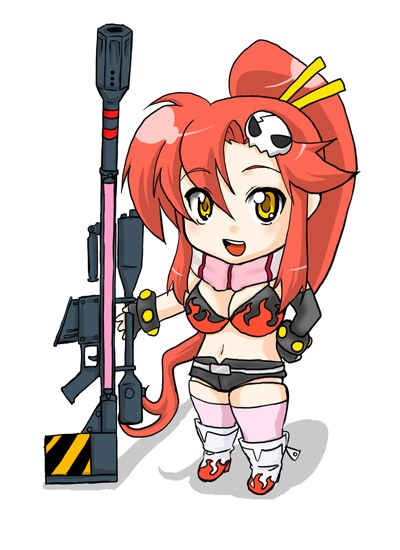 belt, bikini_top, boots, chibi, fingerless_gloves, gloves, gun, hair_ornament, long_hair, midriff, open_mouth, pink_legwear, pink_thighhighs, ponytail, red_hair, redhead, rifle, scarf, shorts, sniper_rifle, sukima_(pixiv12253), tengen_toppa_gurren_lagann, thighhighs, weapon, yellow_eyes, yoko_littner, yoko_ritona