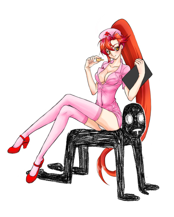 anti-spiral, breasts, cleavage, crossed_legs, high_heels, legs_crossed, long_hair, nurse