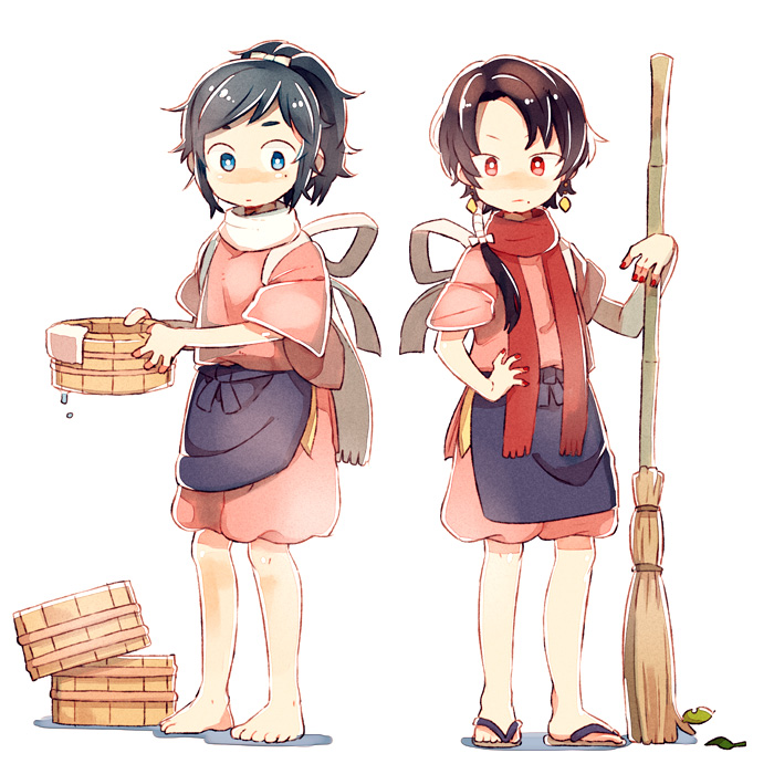 2boys, apron, barefoot, black_hair, blue_eyes, broom, brown_hair, bucket