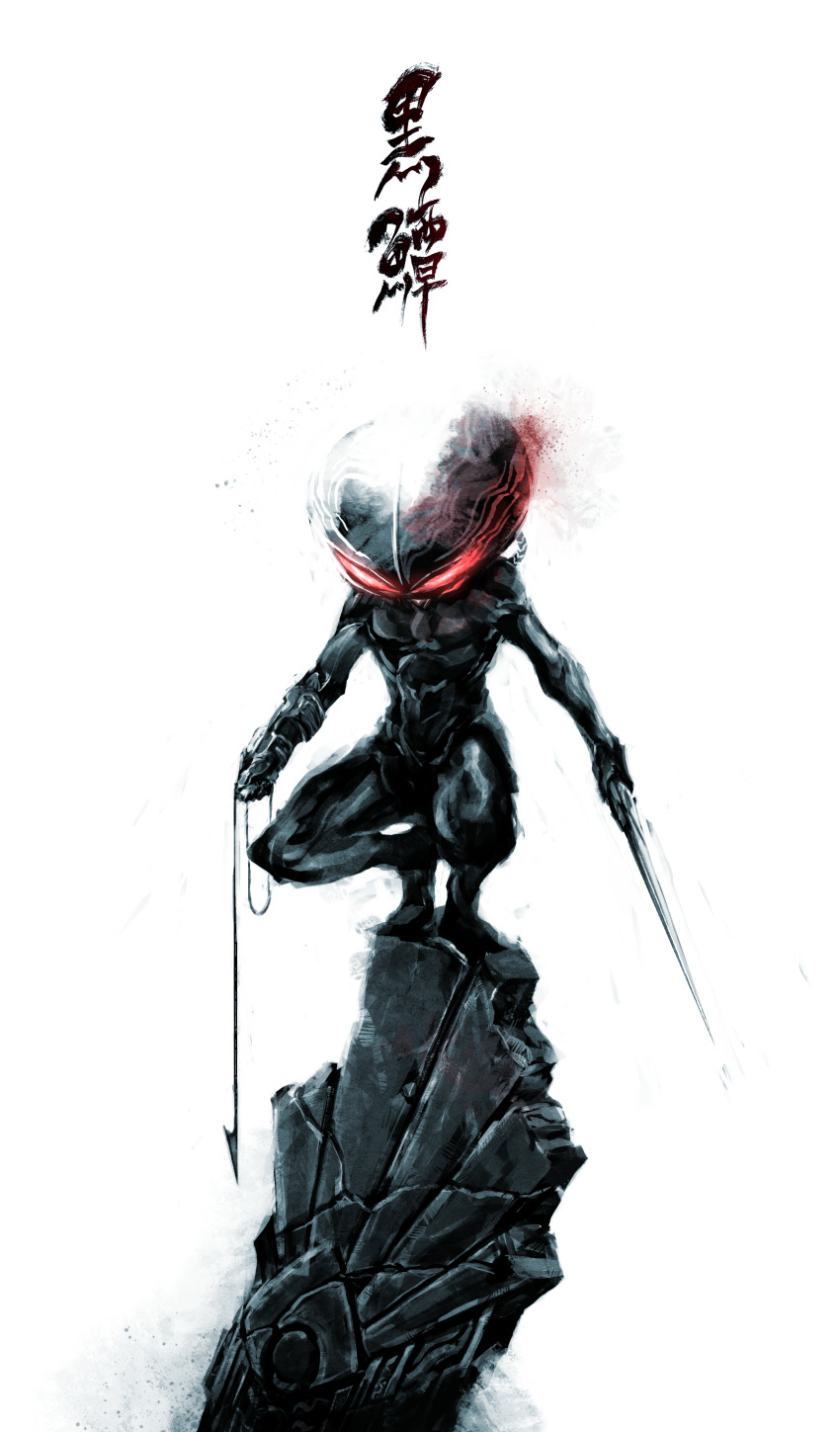 1boy, absurdres, black_manta, bodysuit, dc_comics, full_body, gloves, glowing, glowing_eyes, helmet, highres, male_focus, naratani, rock, simple_background, solo, sword, weapon, white_background