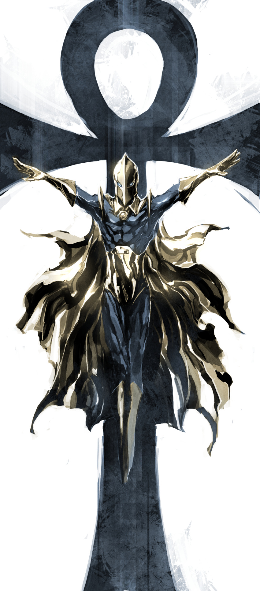 1boy, abs, absurdres, ankh, blue_eyes, boots, cape, dc_comics, doctor_fate, full_body, gloves, glowing, glowing_eyes, helmet, highres, male_focus, naratani, simple_background, solo, white_background