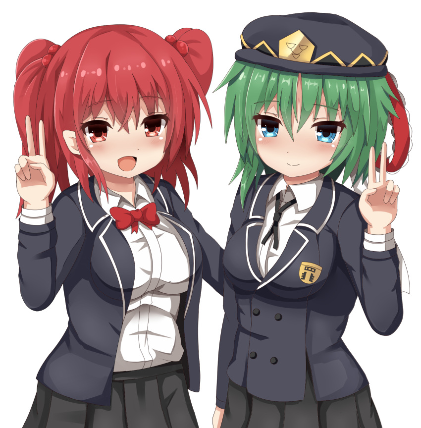 2girls, :d, alternate_costume, arm_around_back, black_ribbon, blazer, blue_eyes, blush