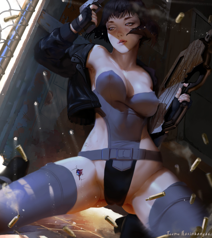 1girl, armpits, belt, breasts, bullet, bullet_hole, cleavage, commentary